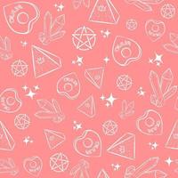 Pink occult seamless pattern with witch objects. Repetitive New Age background with illuminati pyramids, crystals, ouija planchettes and pentagrams. Witchery and esoteric ritualic wallpaper. vector