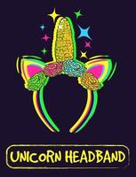 Neon vector of a glowing unicorn headband with flowers and a  corncob. Fancy card illustration with head accessory for kids.