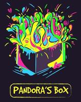 Conceptual art of Pandora's box. Neon illustration of a container with color splashes, explosion and liquid burst. vector