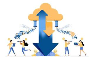 diseño vectorial de banner para compartir datos de carga y descarga en servicios de almacenamiento de alojamiento en la nube. El concepto de ilustración se puede utilizar para la página de destino, la plantilla, la interfaz de usuario, la web, la aplicación móvil, los anuncios en carteles, el banner, el sitio web vector