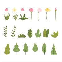 Set of Spring Flowers, Leaves, and Trees Flat Vectors