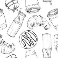 Beautiful hand drawn vector seamless pattern with coffee, donut, milk, cookie and croissant.