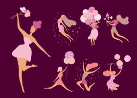 Set of silhouettes of cute girls in pink colors.