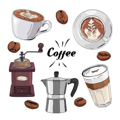 Hand drawn coffee set.
