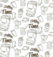 Hand drawn seamless pattern with various kinds of coffee and devices for coffee making. vector
