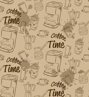 Hand drawn seamless pattern with various kinds of coffee and devices for coffee making.