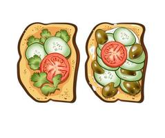 Set of two toasts with tomatoes, olive, cucumbers, sour cream, parsley and pepper vector