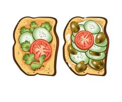 Set of two toasts with tomatoes, olive, cucumbers, sour cream, parsley and pepper vector