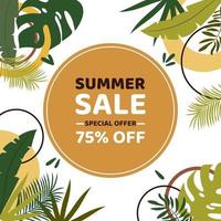 Discount coupon or banner. Summer sale with 75 percent off among exotic leaves and geometric elements. Vector flat