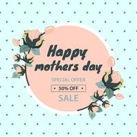 Mother's day sale. Discounts in the store for goods, 50 percent. Seasonal sales poster, coupon or banner template. Flat vector illustration