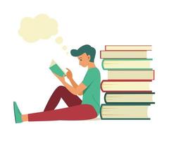Man Sits Near the Pile of Big Books to Read and Think of a Good Idea. vector