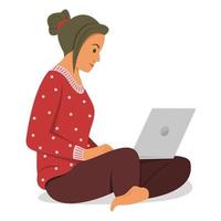 Freelance Woman is Online Working with Laptop. vector