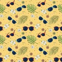 Seamless pattern of sunglasses, tropical leaves and flowers. Repeated ornament of summer vibes items. Vector yellow hand drawn illustration for wrapping paper, wallpaper, textile and fabric