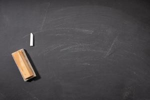 Blank blackboard or chalkboard with eraser and chalk for background. Black texture to add text or graphic design photo