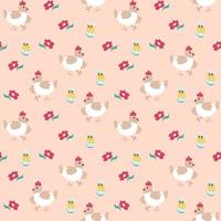 Seamless spring pattern with hen, chicken and flower. Vector illustration on a pink background. Endless texture for Easter