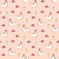 Seamless spring pattern with hen, chicken and flower. Vector illustration on a pink background. Endless texture for Easter