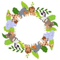 Seamless frame with wild animals. Elephant, lion, rhino, hippo, giraffe, jaguar, monkey, crocodile and tiger. Cartoon vector illustration for childrens design.