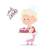 Grandmother is holding a cake. A funny granny with a pastry cap on her head and an apron. Vector illustration in cartoon style