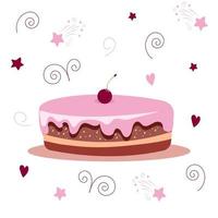 Sweet cake with cream and cherry on top. Vector illustration isolated on a white background.