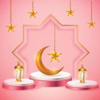 Exhibición de productos 3d, podio rosa y blanco con temática islámica con luna creciente, linterna y estrella para el ramadán vector