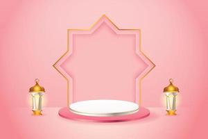 3d product display pink and white podium themed islamic with gold lantern for ramadan vector