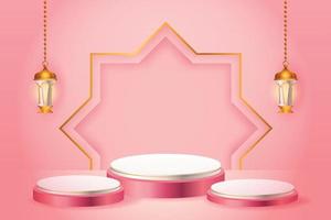 3d product display pink and white podium themed islamic with gold lantern for ramadan vector