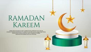 3d product display green and white podium themed islamic with crescent moon, lantern and star for ramadan vector