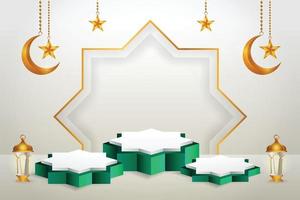 3d product display green and white podium themed islamic with crescent moon, lantern and star for ramadan vector