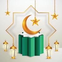 3d product display green and white podium themed islamic with crescent moon, lantern and star for ramadan vector