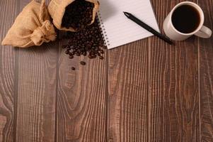 Coffee and a notebook on a desk photo