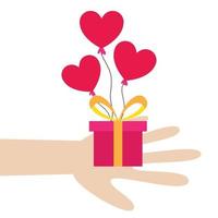 Hand giving gift box with heart balloons. Love and valentines day concept vector illustration