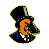 Retro woodcut style illustration of a duck-billed platypus, a semiaquatic egg-laying mammal endemic to eastern Australia, wearing a topper or top hat and suit on isolated background vector