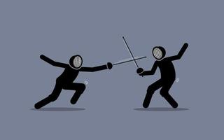 Two fencers fighting in a fencing sport game vector