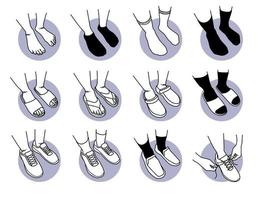 Foot and feet wearing different type of shoes and socks set vector