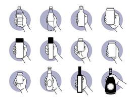 Hand holding different type of drinking and beverage bottle designs set vector