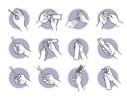 Hand holding and using grooming tools, equipment and products set vector