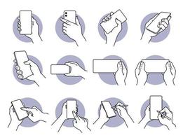 Hand holding and using smart phone with white blank screen icon set vector