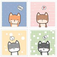 Cute chubby shiba inu dog puppy greeting cartoon doodle card set vector