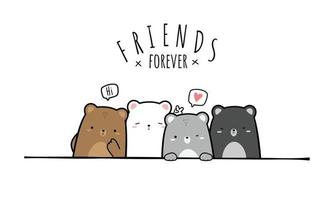 Cute chubby teddy bear and polar bear friends greeting cartoon doodle vector