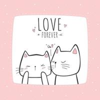 lindo gato gatito amor pareja besándose dibujos animados garabato rosas pastel tarjeta vector