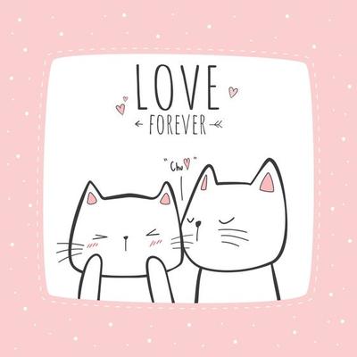 Cute cat kitten love couple kissing cartoon doodle pink pastel card