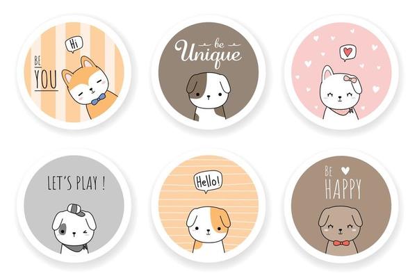 Cute dog puppy friend greeting cartoon doodle icon badge set