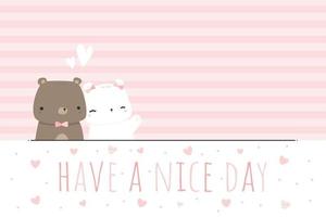 Cute teddy bear and polar bear love couple cartoon pink striped wallpaper vector