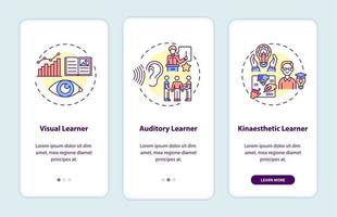 Learning styles onboarding mobile app page screen with concepts vector