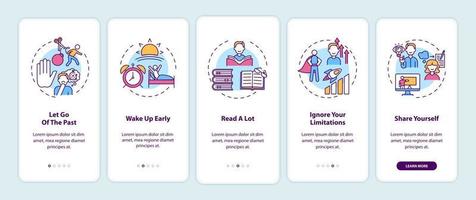 Self-development tips onboarding mobile app page screen with concepts set vector