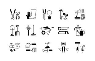 Gardening tools black linear icons set vector