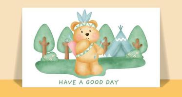 Watercolor cute boho teddy bear in the forest greeting card. vector