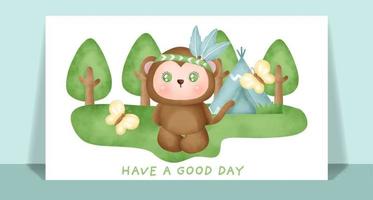 Watercolor cute boho monkey  in the forest greeting card. vector