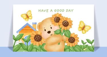 Watercolor cute teddy bear  in sunflower garden greeting card. vector