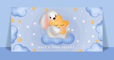 Watercolor cute rabbit sleeping on the moon card. vector